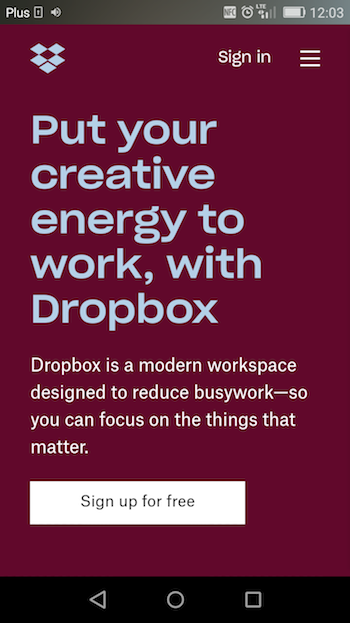 Dropbox mobile landing page)